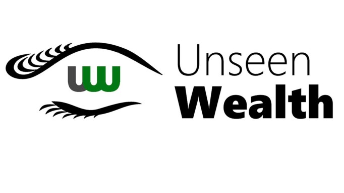 Unseen Wealth logo with words in black and a stylized eye with UW in green and black and black lashes
